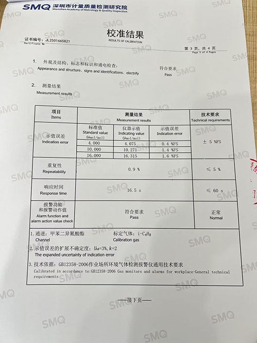 甲苯二異氰酸酯TDI檢測儀校準證書